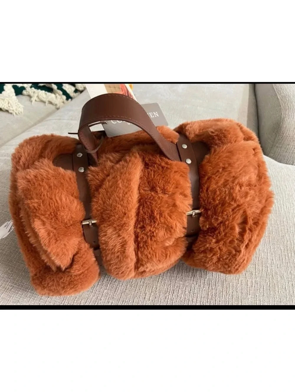 Rust Brown/Cooper color Plush Faux Fur Blanket with Carry Handle